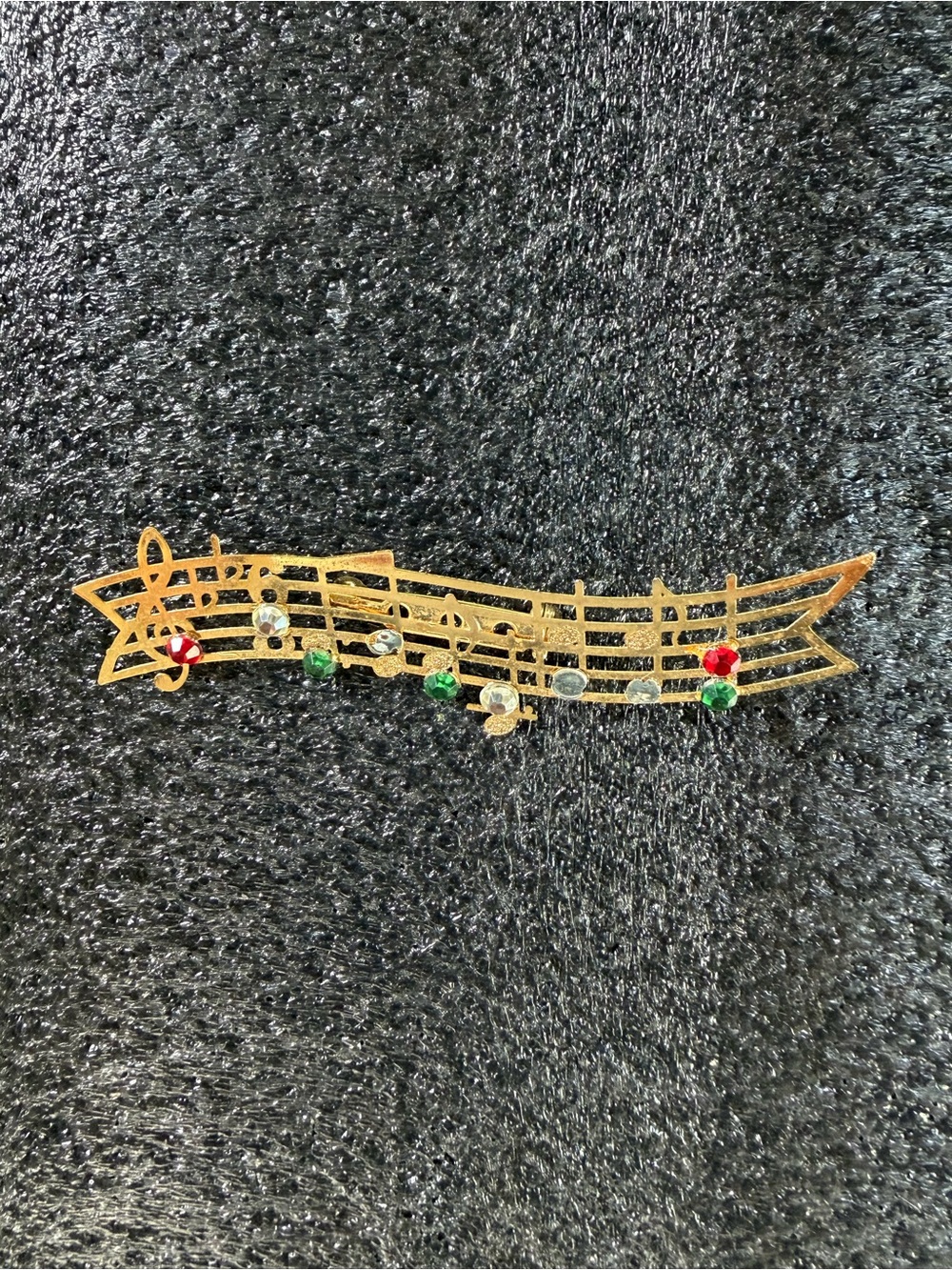 Holiday Music Note Brooch with Red & Green Gems